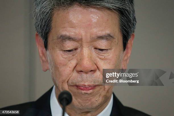 Hisao Tanaka, president and chief executive officer of Toshiba Corp., pauses during a news conference at the company's headquarters in Tokyo, Japan,...