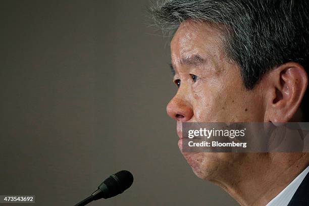 Hisao Tanaka, president and chief executive officer of Toshiba Corp., pauses during a news conference at the company's headquarters in Tokyo, Japan,...