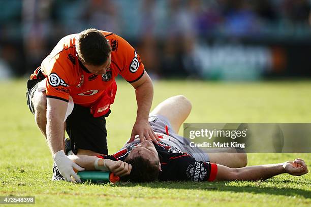 Ryan Hoffman of the Warriors lays down with a concussion injury during the round 10 NRL match between the Parramatta Eels and the New Zealand...