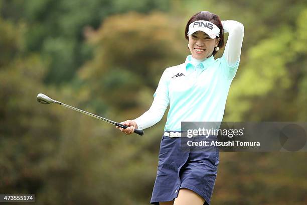 Shiho Oyama of Japan reacts after missing her birdie shot on the 12th green during the second round of the Hoken-no-Madoguchi Ladies at the Fukuoka...