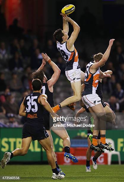 Jeremy Cameron of the Giants competes for the ball during the round seven AFL match between the Carlton Blues and the Greater Western Sydney Giants...