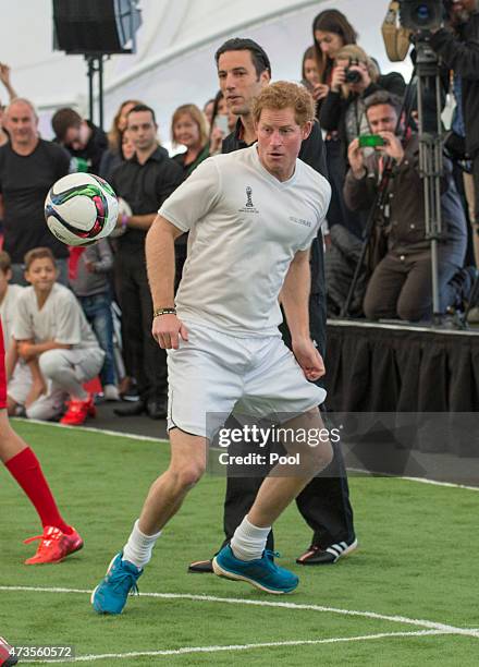 Prince Harry plays five a side football game in The Cloud on Auckland's waterfront during a 2015 FIFA U-20 event on May 16, 2015 in Auckland, New...