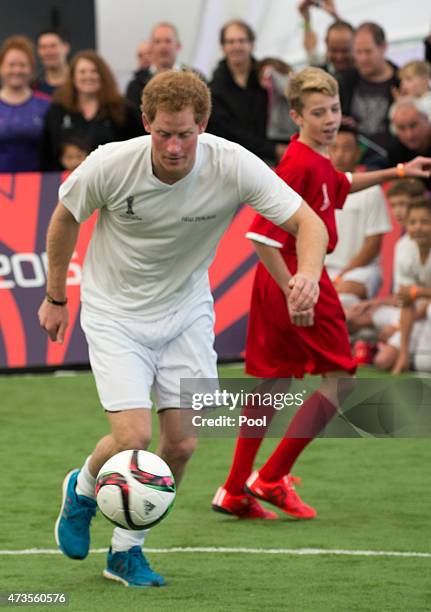 Prince Harry plays five a side football game in The Cloud on Auckland's waterfront during a 2015 FIFA U-20 event on May 16, 2015 in Auckland, New...