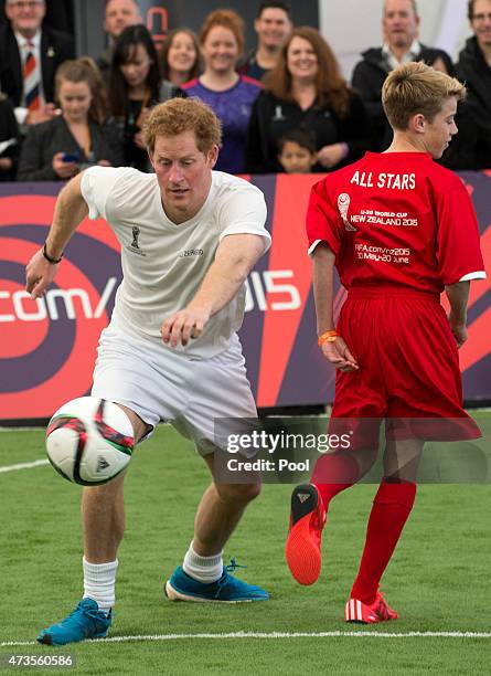 Prince Harry plays five a side football game in The Cloud on Auckland's waterfront during a 2015 FIFA U-20 event on May 16, 2015 in Auckland, New...