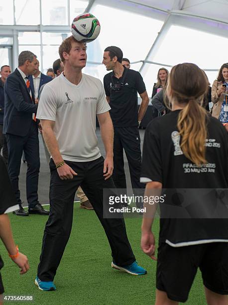 Prince Harry plays five a side football game in The Cloud on Auckland's waterfront during a 2015 FIFA U-20 event on May 16, 2015 in Auckland, New...