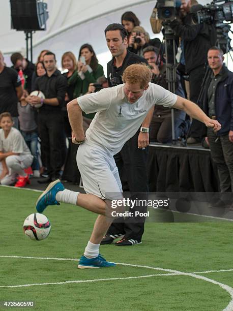 Prince Harry plays five a side football game in The Cloud on Auckland's waterfront during a 2015 FIFA U-20 event on May 16, 2015 in Auckland, New...