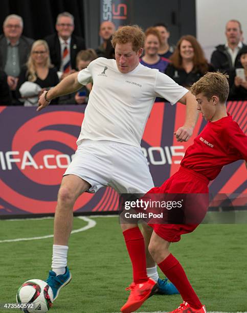 Prince Harry plays five a side football game in The Cloud on Auckland's waterfront during a 2015 FIFA U-20 event on May 16, 2015 in Auckland, New...