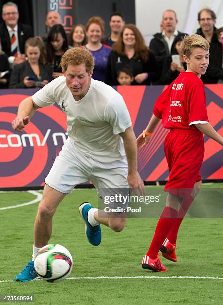 Prince Harry plays five a side football game in The Cloud on Auckland's waterfront during a 2015 FIFA U-20 event on May 16, 2015 in Auckland, New...