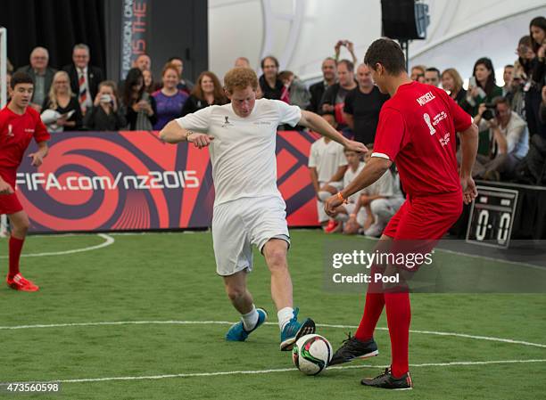 Prince Harry plays five a side football game in The Cloud on Auckland's waterfront during a 2015 FIFA U-20 event on May 16, 2015 in Auckland, New...