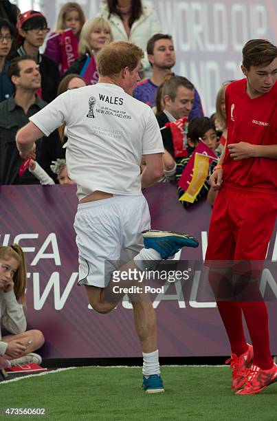 Prince Harry plays five a side football game in The Cloud on Auckland's waterfront during a 2015 FIFA U-20 event on May 16, 2015 in Auckland, New...