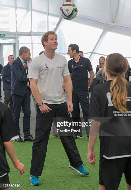 Prince Harry plays five a side football game in The Cloud on Auckland's waterfront during a 2015 FIFA U-20 event on May 16, 2015 in Auckland, New...