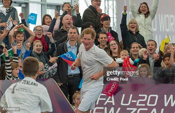 Prince Harry plays five a side football game in The Cloud on Auckland's waterfront during a 2015 FIFA U-20 event on May 16, 2015 in Auckland, New...