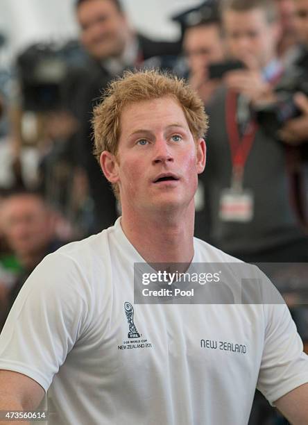 Prince Harry plays five a side football game in The Cloud on Auckland's waterfront during a 2015 FIFA U-20 event on May 16, 2015 in Auckland, New...