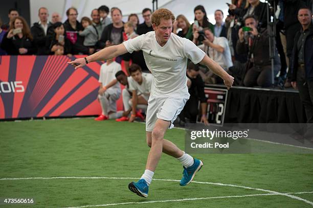 Prince Harry plays five a side football game in The Cloud on Auckland's waterfront during a 2015 FIFA U-20 event on May 16, 2015 in Auckland, New...