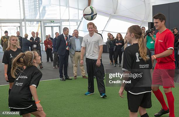 Prince Harry plays five a side football game in The Cloud on Auckland's waterfront during a 2015 FIFA U-20 event on May 16, 2015 in Auckland, New...