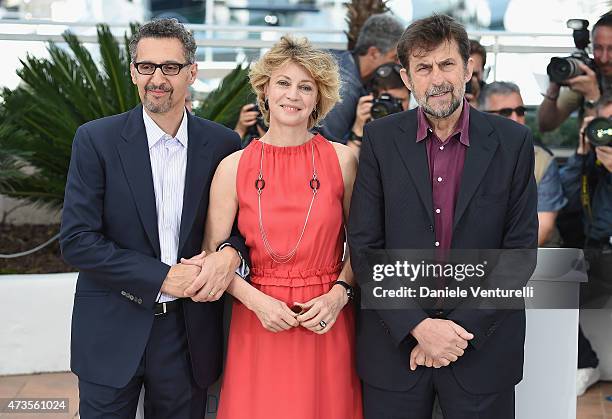 Actors John Turturro, Margherita Buy and director Nanni Moretti attend the "Mia Madre" Photocall during the 68th annual Cannes Film Festival on May...
