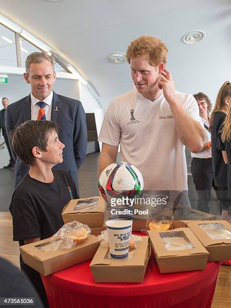 Prince Harry meets students at an event to promote the 2015 FIFA U-20 World Cup which will be hosted by New Zealand, at The Cloud on Auckland's...