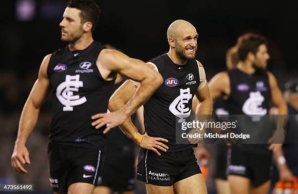 Chris Judd of the Blues walks off after defeat during the round seven AFL match between the Carlton Blues and the Greater Western Sydney Giants at...