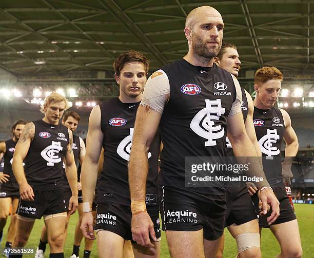 Chris Judd of the Blues walks off after defeat during the round seven AFL match between the Carlton Blues and the Greater Western Sydney Giants at...