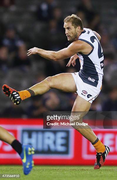 Joel Patfull of the Giants kicks the ball for a goal during the round seven AFL match between the Carlton Blues and the Greater Western Sydney Giants...