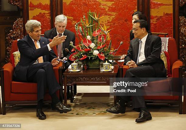 Secretary of State John Kerry speaks with Chinese Premier Li Keqiang at the Zhongnanhai Leadership Compound on May 16, 2015 in Beijing, China. U.S....