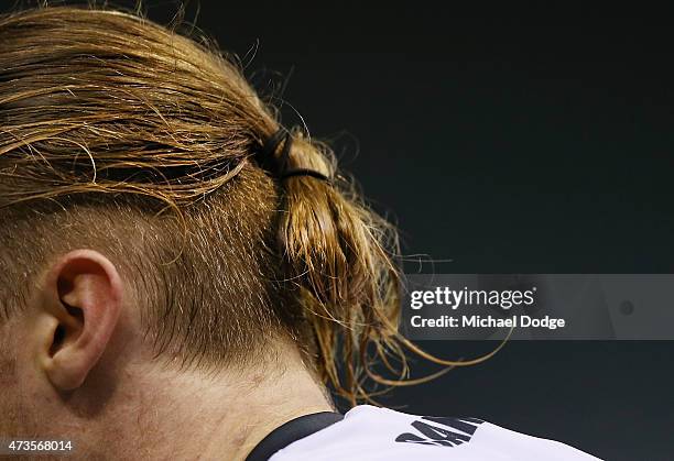 The pony tail of Cameron McCarthy of the Giants is seen during the round seven AFL match between the Carlton Blues and the Greater Western Sydney...