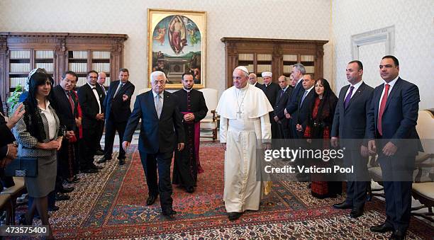 Pope Francis meets Palestinian President Mahmoud Abbas also known as Abu Mazen and his delegation during an audience at the Apostolic Palace on May...