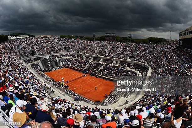 General view of Centre Court during the Women's Semi Final between Carla Suarez Navarro of Spain and Simona Halep of Romania on Day Seven of The...