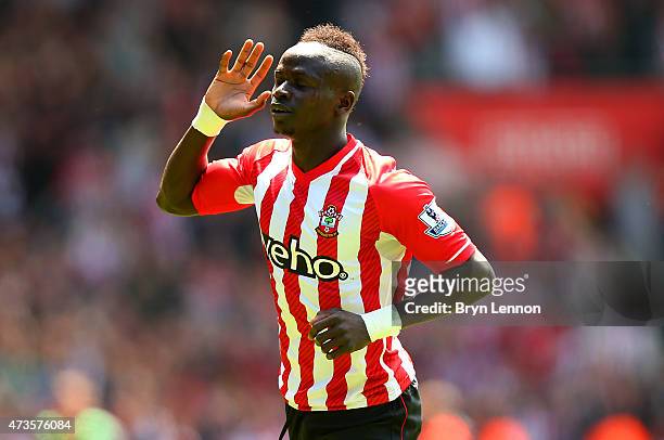 Sadio Mane of Southampton celebrates scoring the third goal and his hat trick during the Barclays Premier League match between Southampton and Aston...