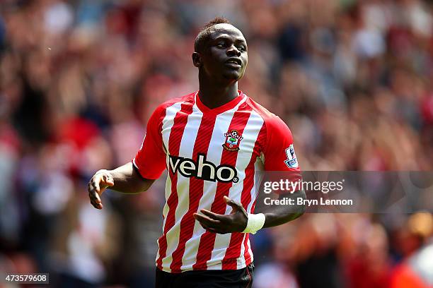 Sadio Mane of Southampton celebrates scoring the third goal and his hat trick during the Barclays Premier League match between Southampton and Aston...