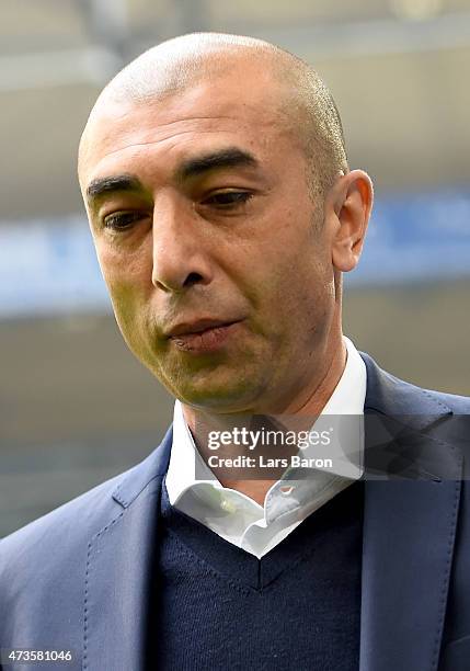 Head coach Roberto di MAtteo of Schalke is seen prior to the Bundesliga match between FC Schalke 04 and SC Paderborn at Veltins Arena on May 16, 2015...