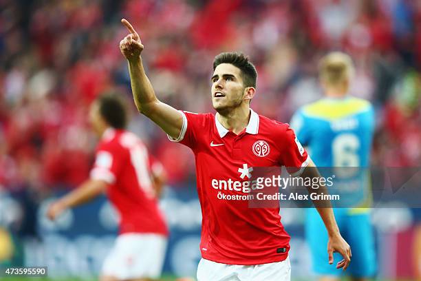 Jairo Samperio of Mainz celebrates his team's second goal during the Bundesliga match between 1. FSV Mainz 05 and 1. FC Koeln at Coface Arena on May...