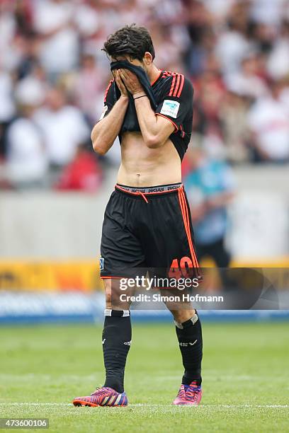 Gojko Kacar of Hamburg reacts after the Bundesliga match between VfB Stuttgart and Hamburger SV at Mercedes-Benz Arena on May 16, 2015 in Stuttgart,...