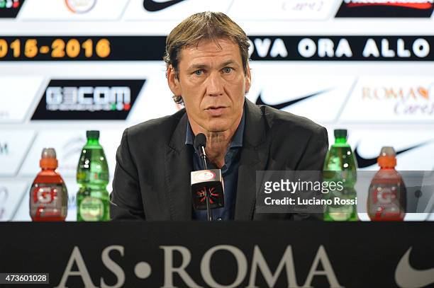 Coach of AS Roma Rudi Garcia attends a press confererence on May 16, 2015 in Rome, Italy.