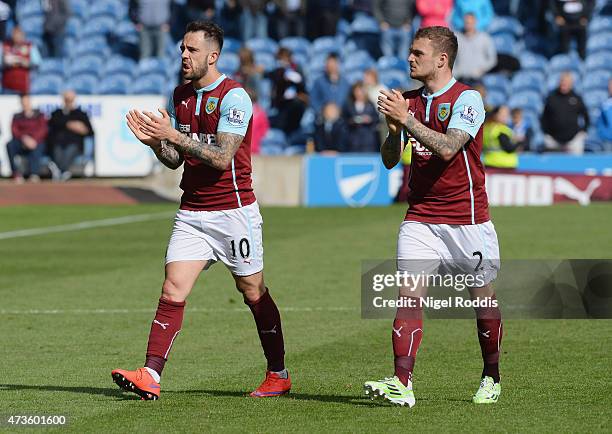 Danny Ings and Kieran Trippier of Burnley applaud fans after the Barclays Premier League match between Burnley and Stoke City at Turf Moor on May 16,...