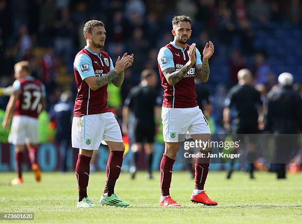 Danny Ings and Kieran Trippier of Burnley applaud fans after the Barclays Premier League match between Burnley and Stoke City at Turf Moor on May 16,...