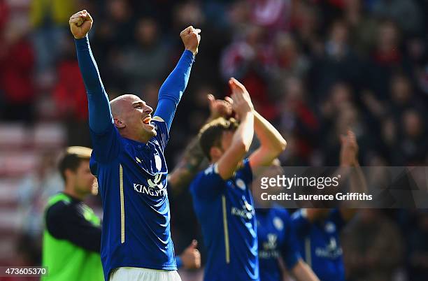 Esteban Cambiasso of Leicester City celebrates avoiding relegation during the Barclays Premier League match between Sunderland and Leicester City at...