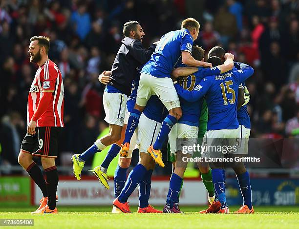 Leicester City players celebrate avoiding relegation during the Barclays Premier League match between Sunderland and Leicester City at Stadium of...
