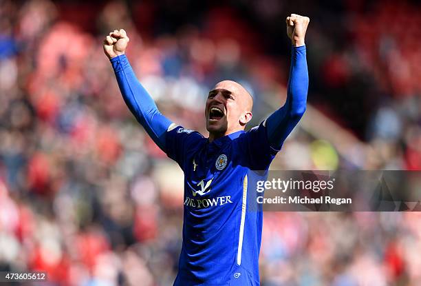 Esteban Cambiasso of Leicester City celebrates after the Barclays Premier League match between Sunderland and Leicester City at Stadium of Light on...