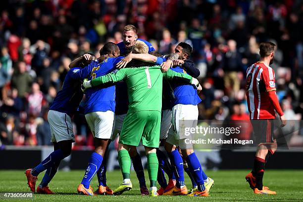 Leicester City players celebrate avoiding relegation during the Barclays Premier League match between Sunderland and Leicester City at Stadium of...