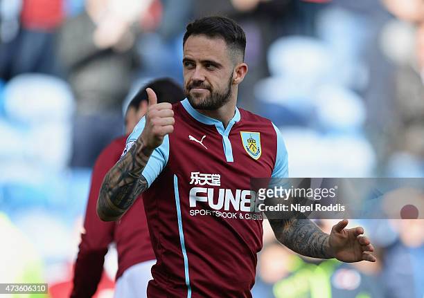 Danny Ings of Burnley applauds fans after the Barclays Premier League match between Burnley and Stoke City at Turf Moor on May 16, 2015 in Burnley,...