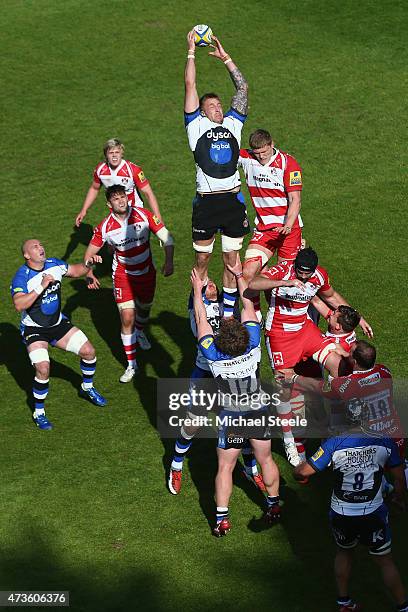 Dominic Day of Bath claims the ball from James Hudson of Gloucester at a lineout during the Aviva Premiership match between Bath Rugby and Gloucester...