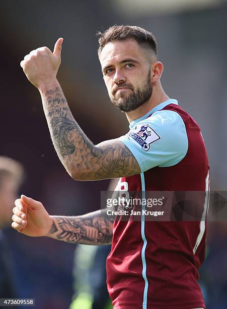 Danny Ings of Burnley gives the thunbs up after the Barclays Premier League match between Burnley and Stoke City at Turf Moor on May 16, 2015 in...
