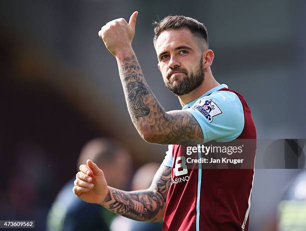 Danny Ings of Burnley gives the thunbs up after the Barclays Premier League match between Burnley and Stoke City at Turf Moor on May 16, 2015 in...