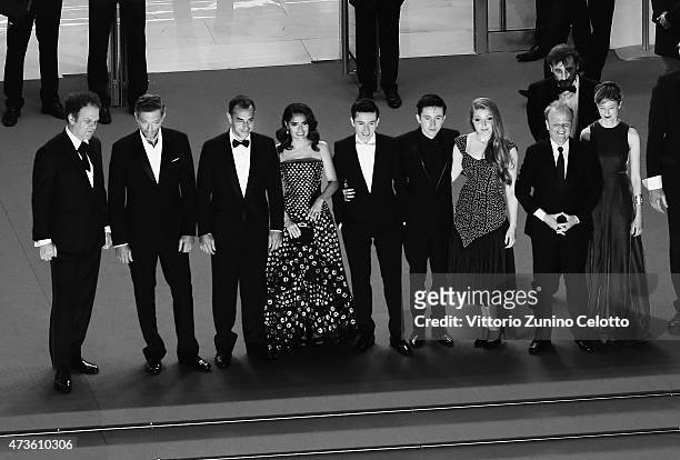 Vincent Cassel, Matteo Garrone, Salma Hayek,Christian Lees, Jonah Lees and Bebe Cave attend the Premiere of 'Il Racconto Dei Racconti' during the...