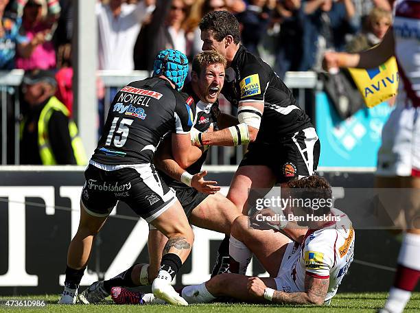 Matt Jess of Exeter celebrates scoring a try during the Aviva Premiership match between Exeter Chiefs and Sale Sharks at Sandy Park on May 16, 2015...