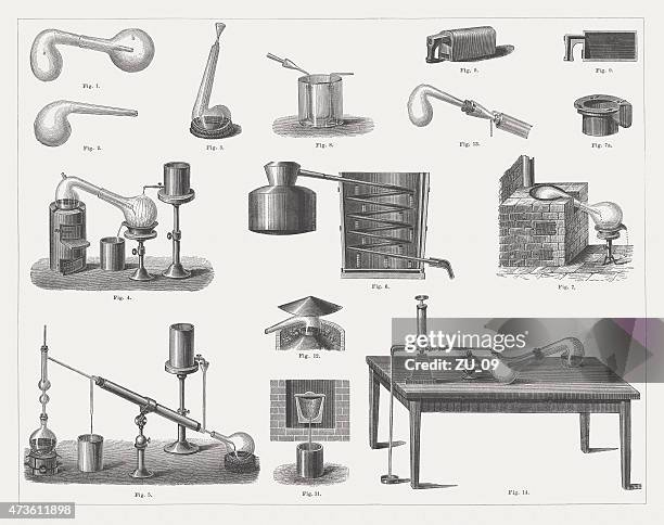 historic distillation equipment, wood engravings, published in 1875 - distillation stock illustrations