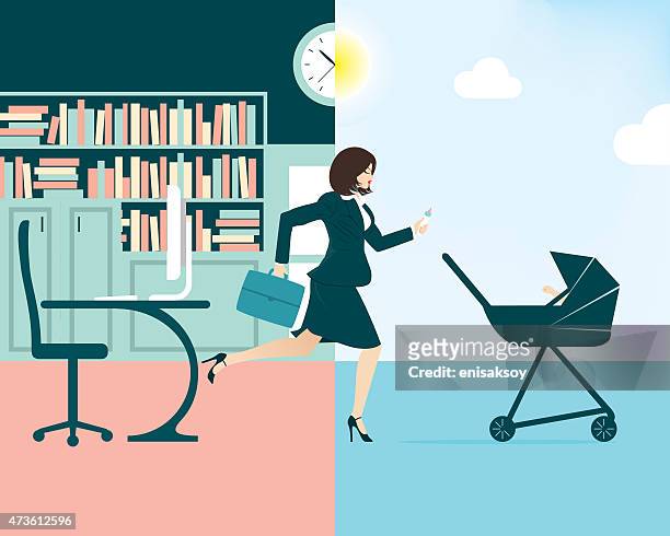 stockillustraties, clipart, cartoons en iconen met vector illustration of a busy businesswoman and mum - working at home