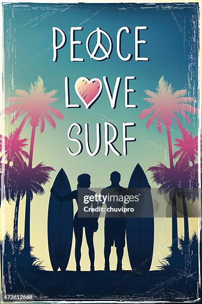 illustrazioni stock, clip art, cartoni animati e icone di tendenza di surf uomo e donna in piedi sulla spiaggia - surf board