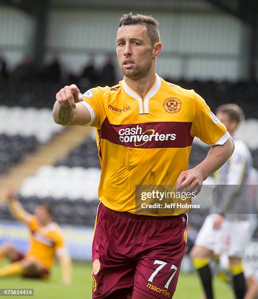 Scott McDonald points way forward during the Scottish premiership match between St Mirren and Motherwell at St Mirren Park on May 16, 2015 in...